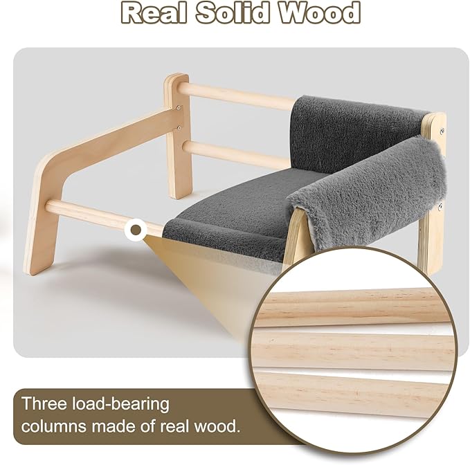 Elevated Cat Couch Bed for Indoor Cats - Wooden Pet Sofa with Removable Washable Thick Cover Raised Kitty Lounge Chair Suitable for Puppy or Small Animals(Cat Sofa Light-Grey)