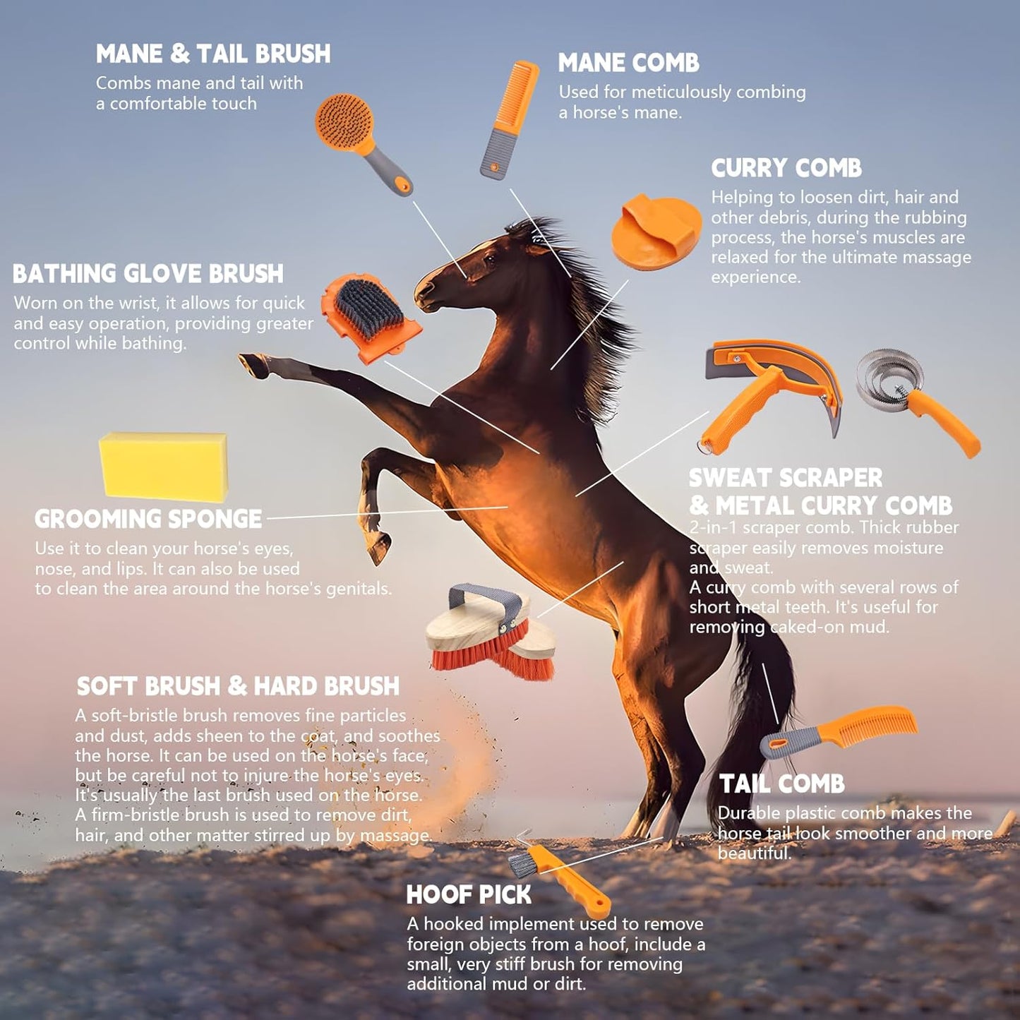 Horse Grooming Kit, Horse Grooming Supplies Includes 12 Horse Hair Care Tools Such as Handbag, Horse Brush, Horse Comb, Hoof Pick, Sweat Scraper, Etc., Suitable Gifts for Horse Riding Enthusiasts