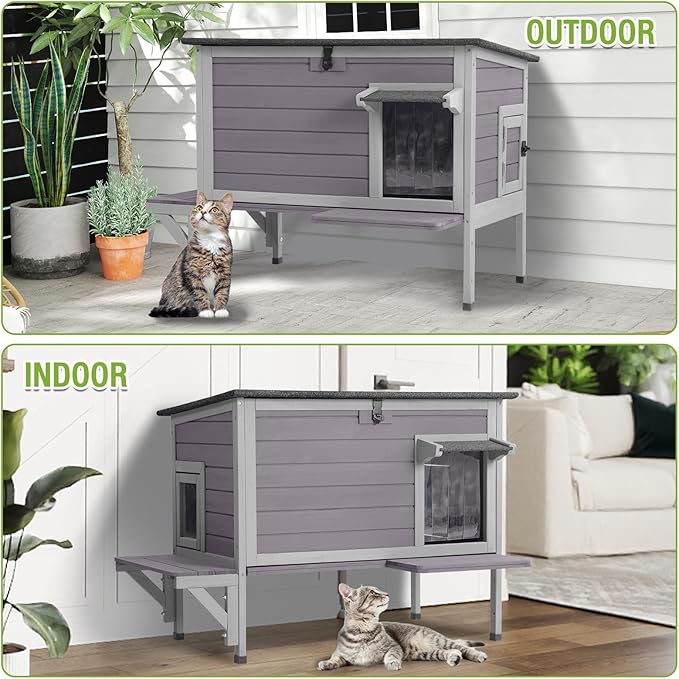 GUTINNEEN Insulated Outdoor Cat House with All-Round Liner, Weatherproof Feral Cat Shelter for Winter, Outside Stray Cat House with 3 Escape Doors and Elevated Base