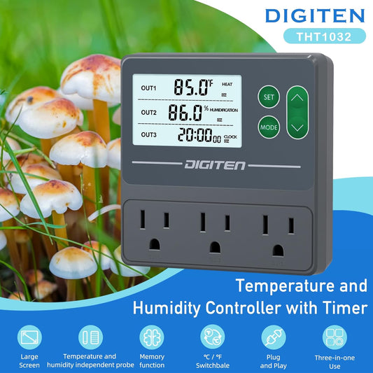 DIGITEN Temperature and Humidity Controller with Timer - 3 Outlet, 2 Separate Probes, Plug in Temperature Controller for Reptiles,Snake, Mushrooms, Tent, Triple Control for Temp,Humidity,Time
