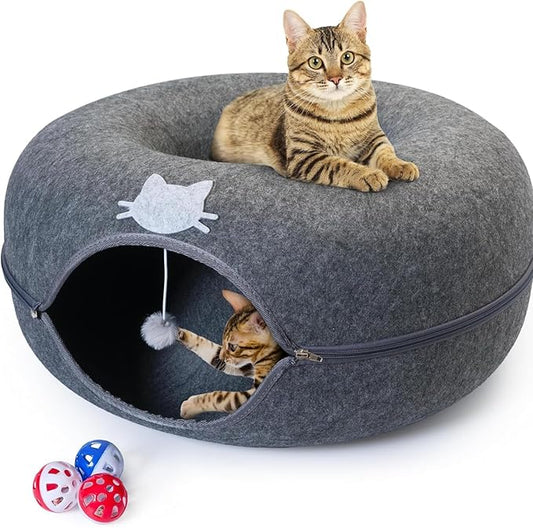 Meow Mansion Large Cat Cave Donut - Cat Tunnel; up to 30lbs - 3 Toy Balls & Hanging Ball Included - Scratch Resistant, Detachable and Cleanable Cat Donut Bed