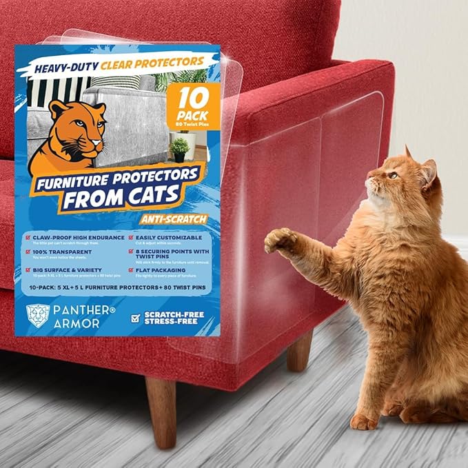 Panther Armor 10-Pack Furniture Protectors from Cats, w/ 60 Pins (Optional for Extra Security), Couch Protector for Cats, Anti Cat Scratch Furniture Guards, Sofa Corner Scratching Training Tape