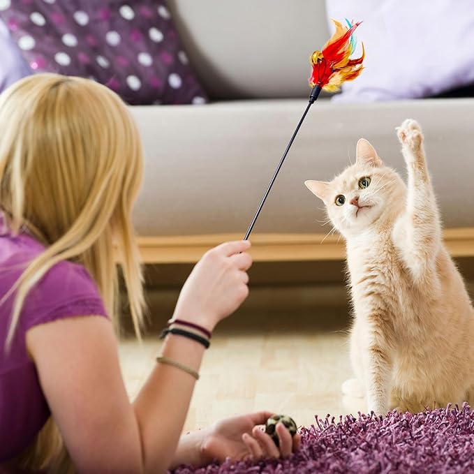 Cat Feather Toys, Cat Toy with Elastic Turkey Feathers, Interactive Teaser Wand with Bell, Durable Flexible Rod for Playful Kittens and Cats, Indoor Entertainment for Pets (1.35")