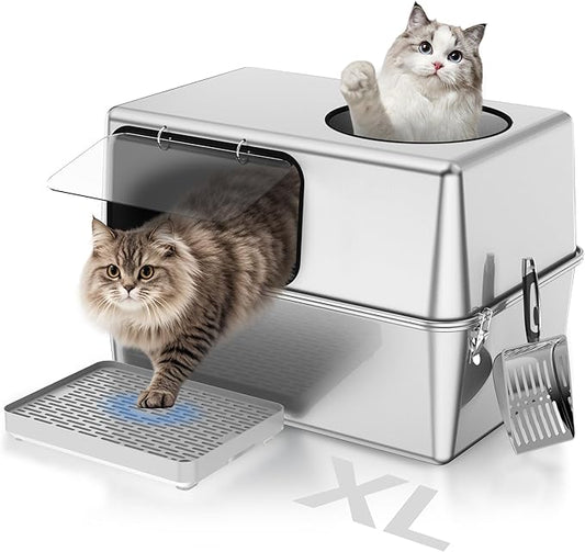 Stainless Steel Litter Box with Lid – Dog Proof, XL Enclosed Metal, High Side, Odor Control, for Big Cats & Multi-Cat Household, Black, Dubble Entry (Top and Side)