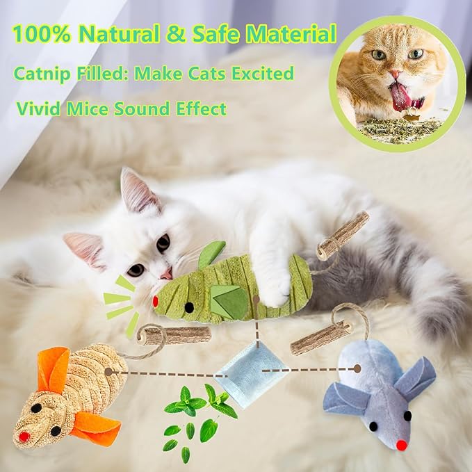 9Pcs Cat Toys, 3X Squeak Mice Catnip Toys for Indoor Cat + 6X Silvervine Chew Stick Dental Chirping Mouse Plush Kitten Stuffed Toy Cleaning Teeth Matatabi Bite Interactive Cat Gifts Kitty Toy