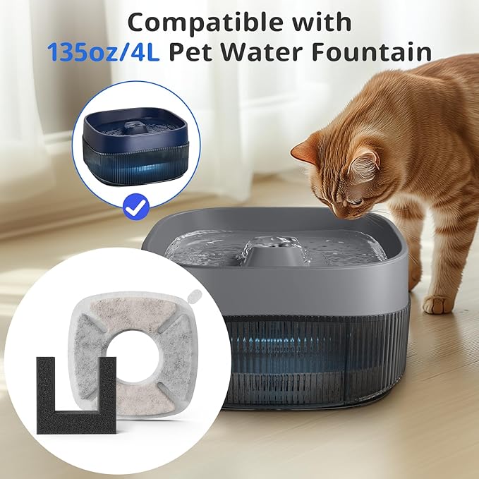 Pet Fountain Filters Replacement Fit for 135oz/4L Dog Water Fountain, 4 Pack Cat Water Fountain Replacement Filters (4 Filters+2 Sponges)