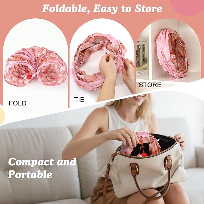 Pawaboo Cat Tunnel, S-Shaped Cat Tube Tunnel 25 * 97cm(9.8''*38.2'') with Balls and Bells, Collapsible Portable Kitten Play Tent Toy Interactive Cats House with Peep Holes for Kitty, Pink Kitties