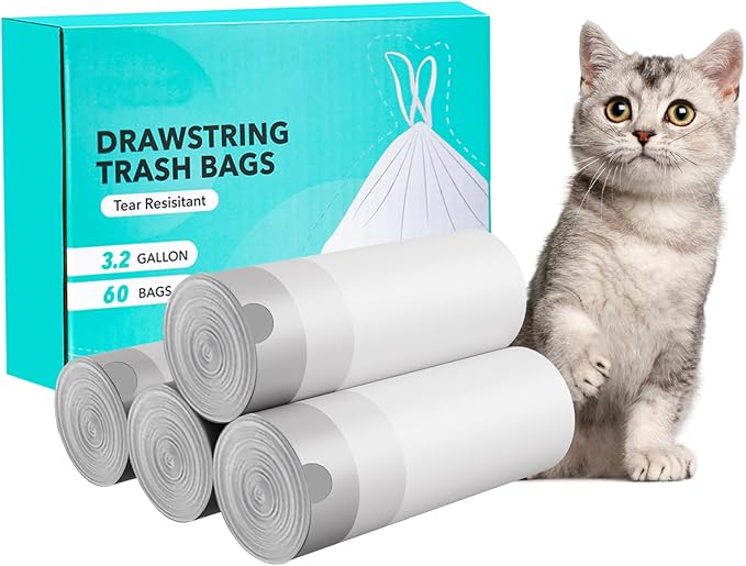 Cat Litter Bags for Self Cleaning Litter Trays, 20 * 18 inches, Drawstring Receptacles Bags, Close Litter Box Liners for Cat Poop Bag, 4 Rolls, 60 Counts
