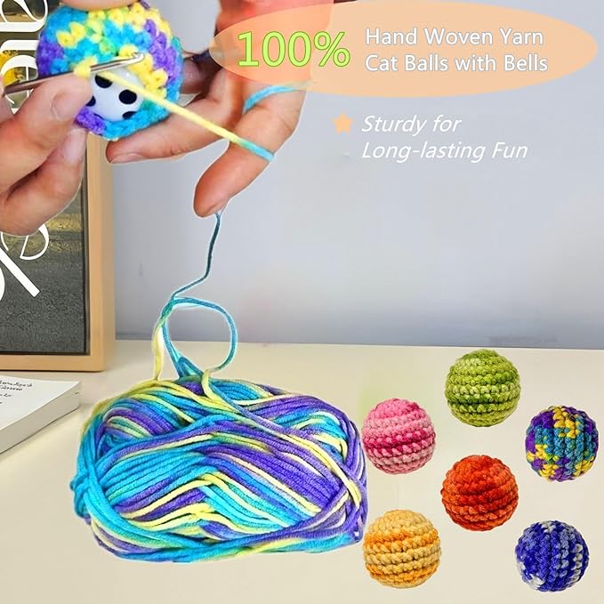 Jingle Cat Toy Balls 6 Pack 1.77" Woolen Yarn with Bell - Indoor Kitten Toys for Safe Chew & Play, Includes Gift Box