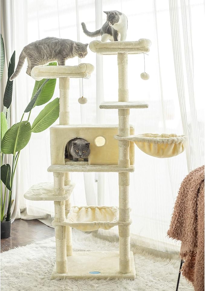 Hey-brother Cat Tree for Large Cats, Cat Tower with Scratching Posts, 2 Padded Plush Perches, Big Condo and Cozy Basket, Beige MPJ025M