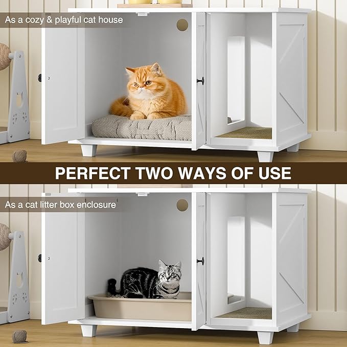 Cat Litter Box Enclosure,Wooden Cat Washroom Furniture with Barn Door, Pet House Hidden Litter Box,Litter Box Furniture Fit Most of Litter Box