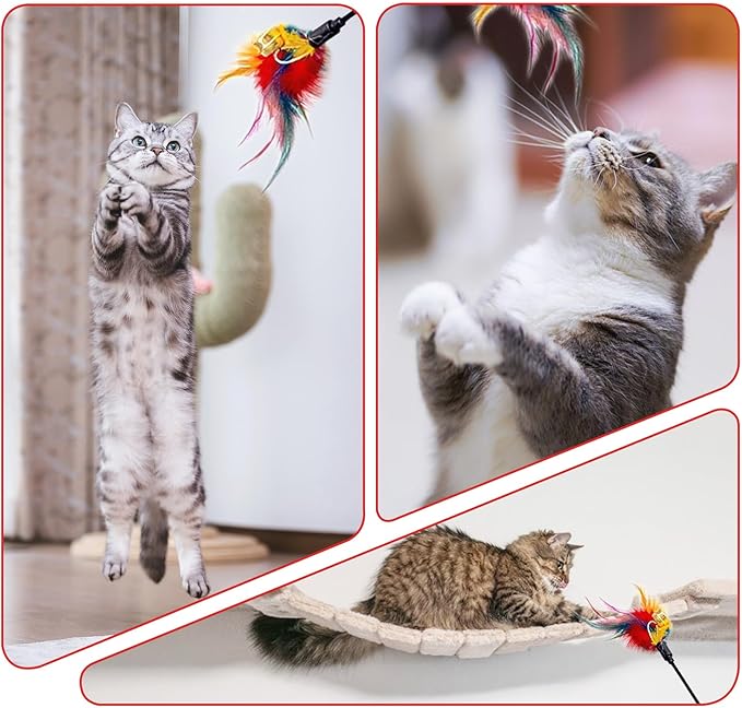 Cat Feather Toys, Cat Toy with Elastic Turkey Feathers, Interactive Teaser Wand with Bell, Durable Flexible Rod for Playful Kittens and Cats, Indoor Entertainment for Pets (2")