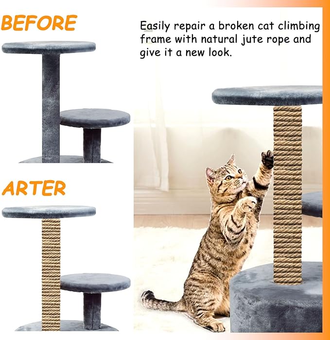 AccEncyc Jute Cat Scratch Post Rope 1/6" mm Diameter 328 FT Natural Hemp Cat Tower Repair Rope