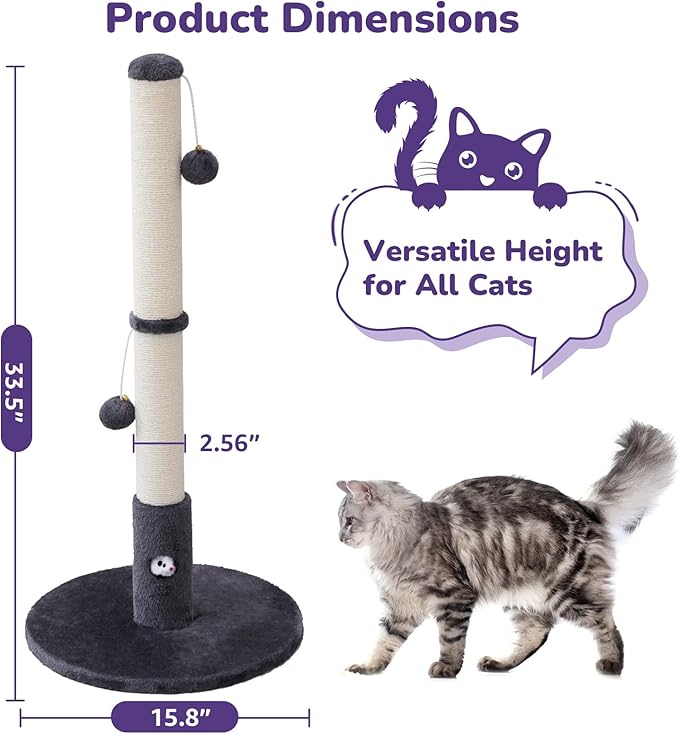 33'' Tall Cat Scratching Post for Adults Cats, Sturdy Large Scratch Pole with Hanging Ball with Fun Mouse Hole, Scratching Posts for Indoor with Durable Natural Sisal Rope (Darkgrey)