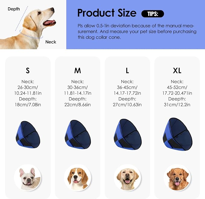 Large Dog Soft Cone Recovery Collar, Comfortable Dog Head Cone Collar for Large Dogs, Pet Surgery Cone Soft Neck Protector, Blue L