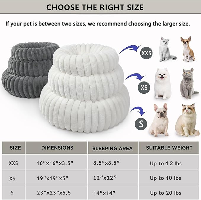 Donut Small Dog Bed Washable - Dog Beds for Small Dogs and Cats with Corduroy Fleece & Anti Slip Bottom, Calming Round Faux Fur Cute Pet Bed for Puppy Kitten, Cream, 23x23x6 inches
