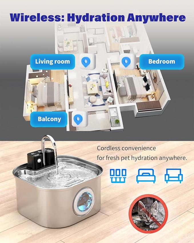 Wireless Cat Water Fountain Stainless Steel, 3.2L/108oz Battery Operated Pet Fountain with 3 Modes, Cordless Pet Water Dispenser for Cats and Dogs