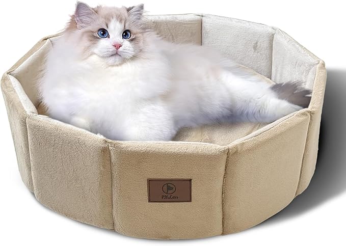 Cat Bed Kitten Bed, Washable Round Cat Beds for Indoor Cats, Super Soft Faux Rabbit Fur Small Kitten Bed for Puppy and kitten, Fluffy Inner Mat Filling Memory Foam with Anti-Slip Bottom (khaki)