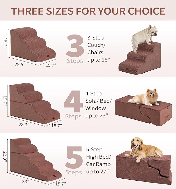 Made4Pets Dog Stairs Ramp for Bed, 4-Step Dog Steps for High Bed Couch Sofa Climbing, 35D Foam Pet Steps for Small Dogs and Cats, Non-Slip Bottom Pet Stairs, Brown