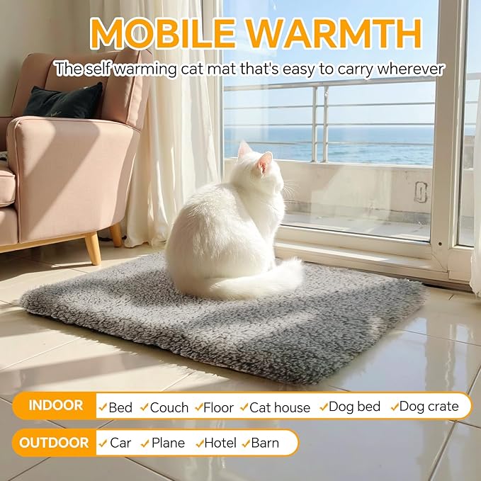 Self Warming Cat Bed Self Heating Cat & Dog Pad - Waterproof Heated Thermal Mat, Non-Slip, Washable for Senior Pets, Kittens, Dogs, Indoor/Outdoor Use, Non-Electric(Grey, 28.8" X 18.9")