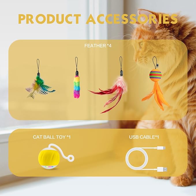 Interactive Cat Toys Ball - Electric Automatic Toys for Indoor Cats, LED Lights and Toys Feather Tail with Sound Activated and Touch, USB Rechargeable, 2peeds Mode for Bored Kittens/Adult Cats