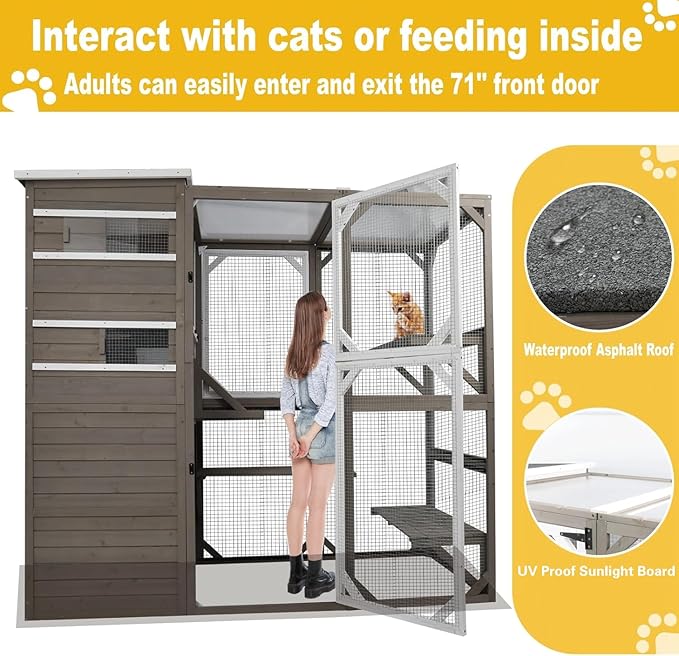 Large Outdoor Catio Enclosures - Wooden Cat House Weatherproof with Multi Platforms & Weather Resistant Roof, Indoor Interoperability - 71" H 77" L