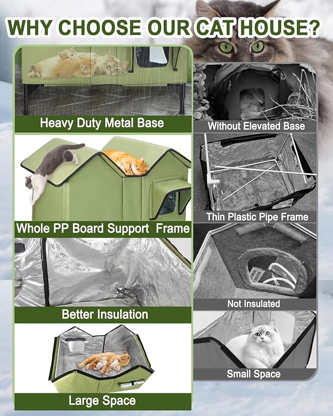 Extra Wide Large Heated Cat House for Outside, Elevated Waterproof Outdoor Cat House Weatherproof for Winter, Insulated Outdoor Cat Shelter with Escape Doors and Heating Pad for Multiple Cats, Green