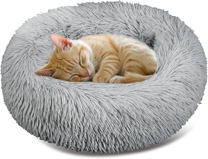 Cat Bed - Calming Cat Bed for Small Kittens Donut Washable Round for Indoor Kittens and Puppies, Anti-Slip Round Fluffy Plush Faux Fur, Medium, Light Grey