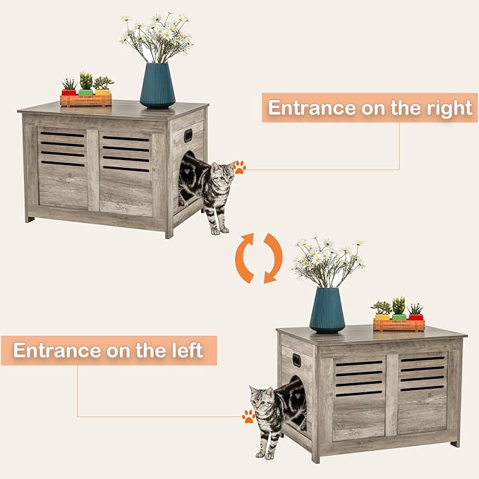 DINZI LVJ Litter Box Enclosure, Flip Top Litter Box Furniture, Good Ventilation, Hidden Cat Washroom, 27.6" L x 19.7" W x 19.7" H, Entrance Can Be on Left or Right, Wooden Cat House, Gray Wash