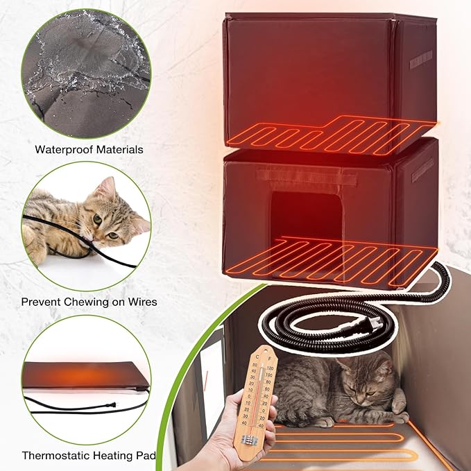 Heated Outdoor Cat House Insulated Weatherproof Kitten Shelter with Heating Pad and Insulated Liner, 2-Story Feral Cat House for Outside, Kitty Condo with 2 Escape Doors, Upgrade Anti-Bite Cable
