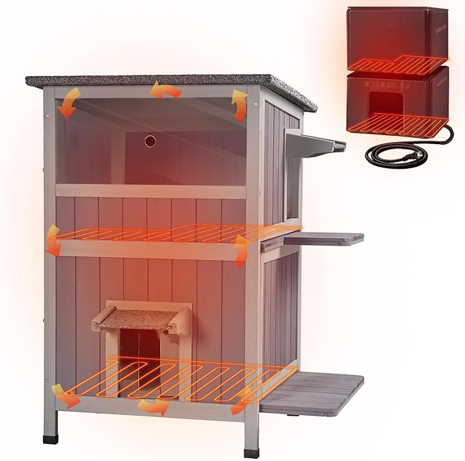 Heated Outdoor Cat House Insulated Weatherproof Kitten Shelter with Heating Pad and Insulated Liner, 2-Story Feral Cat House for Outside, Kitty Condo with 2 Escape Doors, Upgrade Anti-Bite Cable