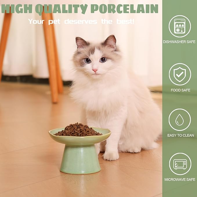 Wide Shallow 6.1" Raised Cat Bowls, Ceramic Elevated Food Bowl for Flat Faced Cats and Small Dogs, Porcelain Feeder Bowl, Stress Free, Protect Cat’s Spine, Green