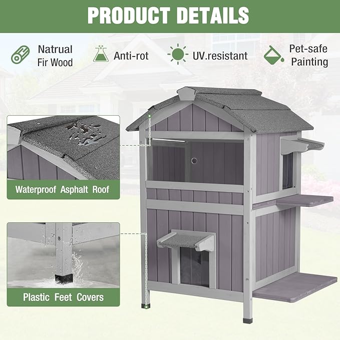 Outdoor Cat House with Two-Story, Feral Cat House with Escape Door and Two Large Side Door, Kitty Shelter with Weatherproof Roof