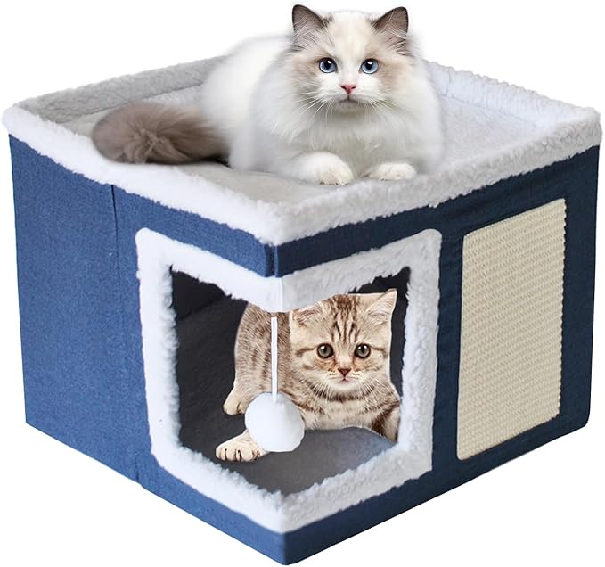 Cat Bed for Indoor Cats Cube House,Large Covered Cat Beds Cave & Furniture with Fluffy Ball and Scratch Pad Foldable Hideaway Nest & Condo with Washable Mat for Kitten Kitty Small Pet(Navy Blue)