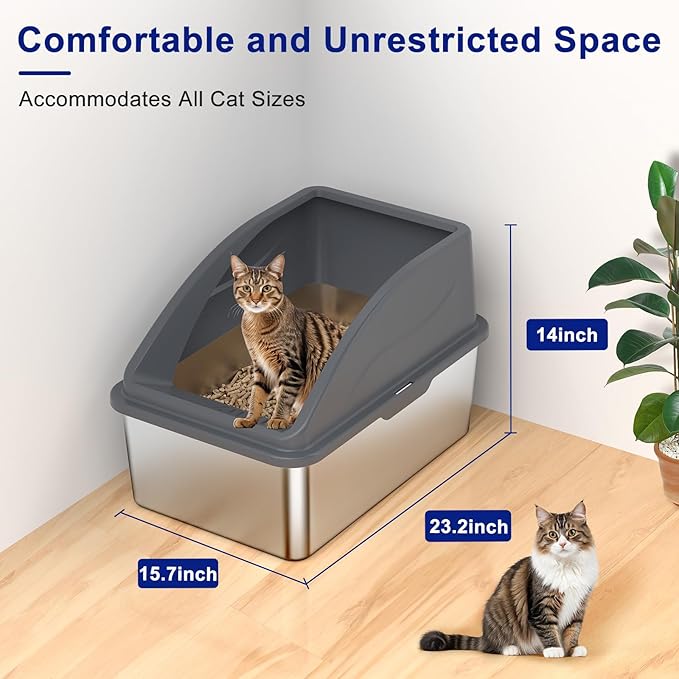 Stainless Steel Litter Box for Pine Pellet Cat Litter Non Clumping Litter System | XXL Sifting Cat Litter Box with Lid for Big Cats | High Sided, Anti-Urine Leakage | Non-Stick Bottom