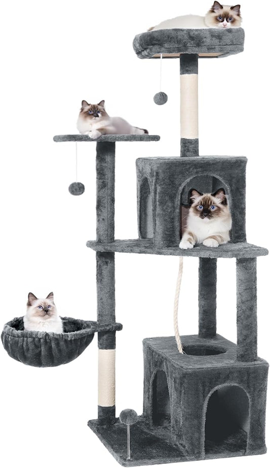 Cat Tree, 54-Inch Cat Tower for Indoor Cats,Plush Multi-Level Cat Condo with Scratching Posts, Basket, Perches,2 Caves,2 Pompoms(Dark Gray)