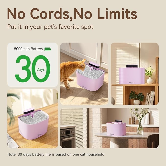 Cat Water Fountain, 122oz/3.6L Pumpless Cat Fountain, Cordless Water Fountains for Cats Indoor, Dog Pet Water Fountain Battery Operated with Stainless Steel Tray (Pink, Fountain+8 Fliters)