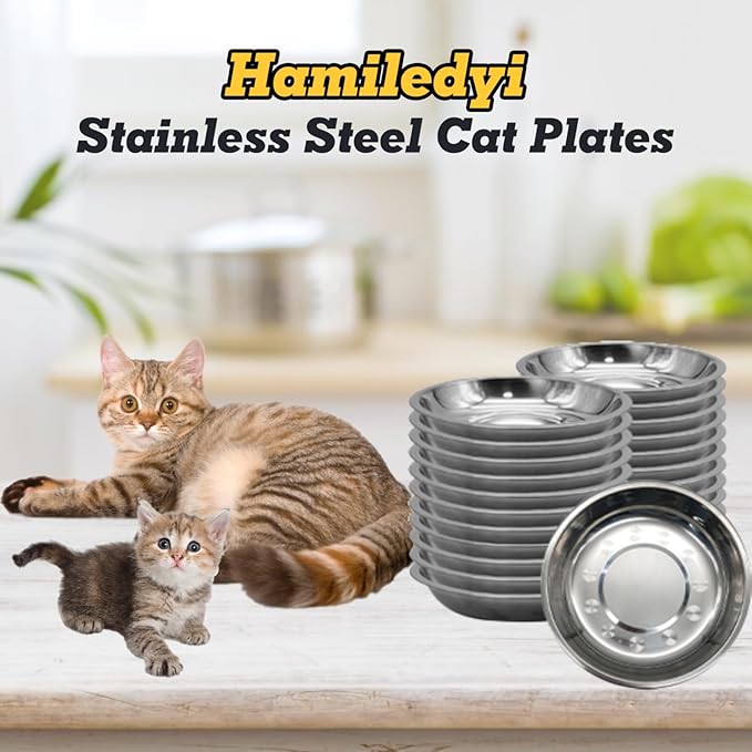 Hamiledyi 24 Pcs Stainless Steel Cat Bowls Shallow Metal Pet Dishes Cat Food Feeding Plates Replacement Whisker Fatigue Kitten Food Bowl for Dogs Cats and Other Small Animals (5.40 Inch Diameter)