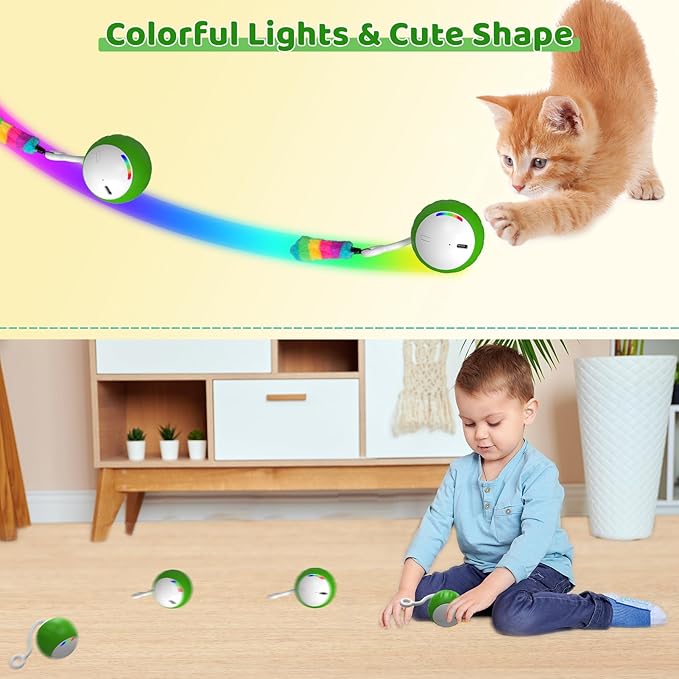 Interactive Cat Toys for Indoor Cats, DIY 5 in 1 Automatic Moving Cat Ball Toys/Puppies Toys with LED Rainbow Lights, Smart Sounds&Touch Control Cat Toys,USB Rechargeable Green