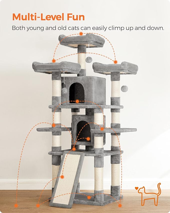 Feandrea 67 Inches Multi-Level Cat Tree for Large Cats, with Cozy Perches, Stable, Light Gray UPCT18W