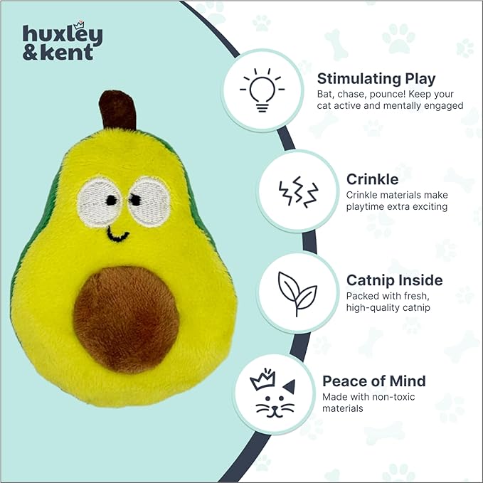 Huxley & Kent Popper Plush Cat Toy - Interactive Catnip Toy for Cats & Kittens - Treat Hiding Soft Toys with Crinkle & Catnip - Fun Indoor Play - Avocado Popper