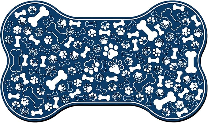 Dog & Cat Food Mat Bone Shaped Pet Feeding Mat Quick Absorb Water Bowl Placemat with Rubber Backing Indoor Floor Stain Resistant Pet Accessory Supplies (Blue, 17x29 Inches)