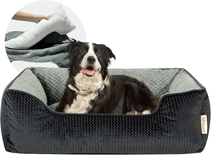 Miguel Removable Washable Dog Bed for Medium Dog - Rectangle Pet Bed for Large Cats with Zipper Cover Bolster Cuddle Puppy Bed with Supportive Side Wall Slip-Resistant Bottom, Dark Gray 35 Inch