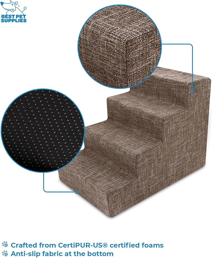 Best Pet Supplies Dog Stairs & Steps - CertiPur-US Made in USA Foam Steps for Small Dogs & Cats, Non-Slip Indoor Balanced Pet Step Support, Dog Ramp, No Assembly, Brown Linen, 4-Step (18-inch Height)