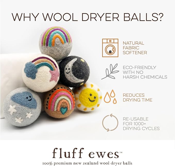 Fluff Ewes Wool Dryer Balls 6 Pack Premium New Zealand Wool Laundry Balls for Dryer, No Static Dryer Balls Laundry Reusable, XL Wool Dryer Balls Cute, Baby Dryer Balls for Dryers - Rainbow or Shine