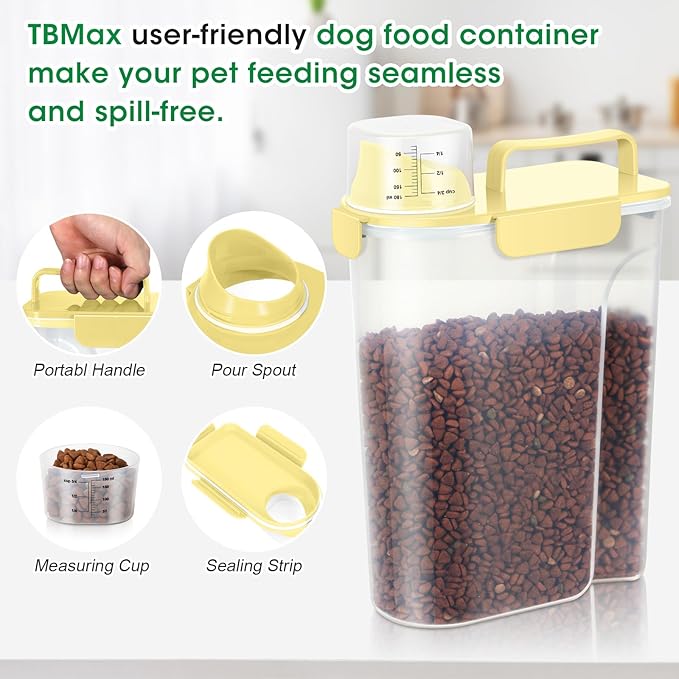 TBMax Pet Dog Cat Food Storage Container 5 to 7 lbs, Airtight Bird Seed Container with Large Spout & Cup, Cat Food Storage Dispenser for Kibble Dog Treat - Light Yellow