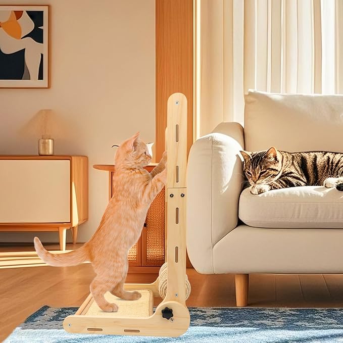 L Shaped Cat Scratching Post, 23.2" Tall Sisal & Wooden Base Cat Scratcher Board for Indoor Cats, Sturdy Vertical Cats Scratching Pad Protects Furniture