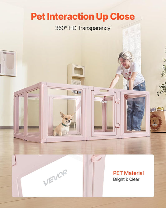 VEVOR Clear Acrylic Dog Playpen Indoor, 60x39x23 in Plastic Pet Playen for Medium Sized Dogs, Easy Assemble Waterproof Transparent Puppy Playpen, Easy to Clean, Durable Indoor Pet Dogs Cats Birth Kit