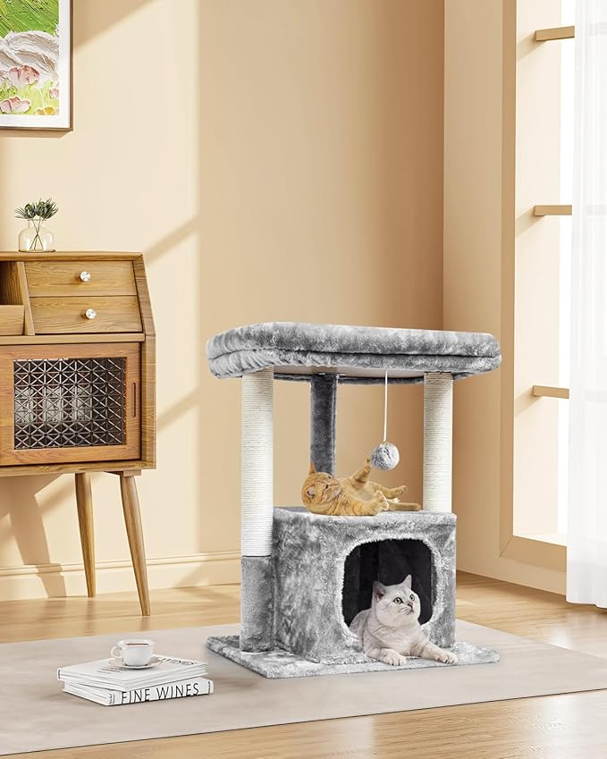 SYANDLVY Cat Tree for Indoor Cats Large Adult, Modern Activity Tower with Scratching Posts, Condo with Plush Perch, Climbing Stand with Spring Ball for Play, Grey