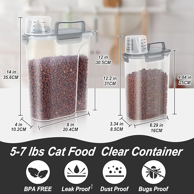 Cat Dog Food Storage Container, Upgraded Large Nozzle BPA-free, 3&5lbs Plastic Pet Food Storage Containers, With 4 Sealed Clasps, 1 Measuring Cup and Handle, Easy to Clean and Carry -Clear Grey 2Pack